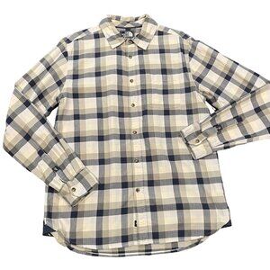 The North Face Men's Sz M Tan Navy Plaid Long Sleeve Button Down Shirt Cotton